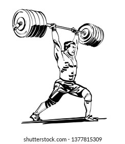 the  one line drawing style sketch a weightlifter with barbell