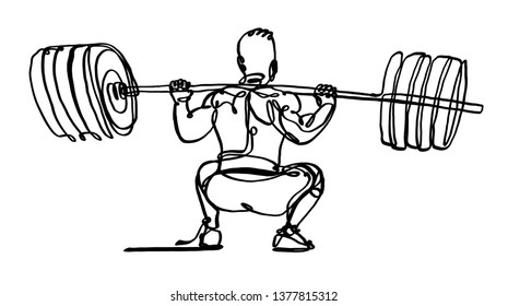 the  one line drawing style sketch a weightlifter with barbell