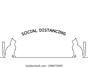 One line drawing style of two cats that sitting far away from each other with wording SOCIAL DISTANCING above. There’s a copy space for your text. Follow the COVID19 disease situation.