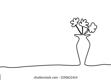 One line drawing style of a vase with flower inside isolated on white background. There’s a copy space for your text.