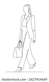 One line drawing of a stylish woman walking while carrying a handbag. An elegant female figure representing urban lifestyle, shopping and fashion trends.