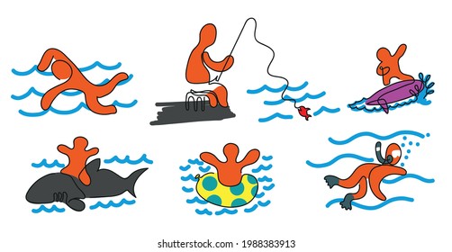 One line drawing of summer and holiday concept.
One continuous line drawing of fishing, surfing,swim and diving vector illustration.