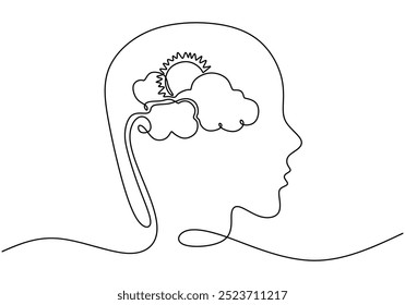 One line drawing of a sun and cloud symbol inside a head. Minimalist design representing a balanced state of mind. Vector illustration.