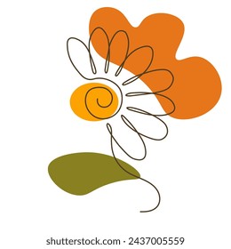One line drawing of a sunflower. Modern, boho single line draw design graphic vector illustration.