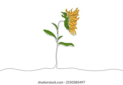 One line drawing of sunflower. Trendy hand drawn flower with abstract shapes, minimalist design for posters, print. Vector illustration.