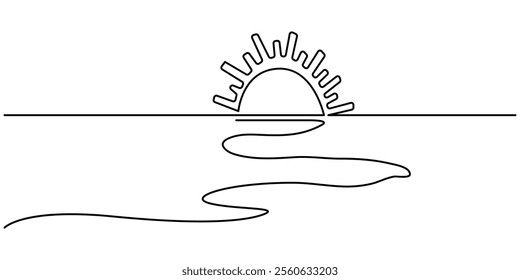 One line drawing of sunset at beach vector, Sun on sea beach one black continuous line, sunset and sunrise outline. Nature landscape with sunshine on coast. One line drawing. Pro Vector illustration.
