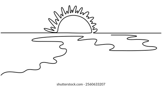 One line drawing of sunset at beach vector, Sun on sea beach one black continuous line, sunset and sunrise outline. Nature landscape with sunshine on coast. One line drawing. Pro Vector illustration.