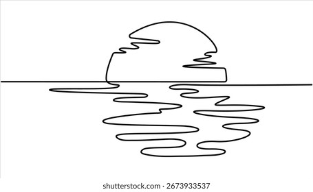 One line drawing of sunset at beach vector, Sun on sea beach one black continuous line, Nature landscape with sunshine on coast. landscape with sun and beach in one line Sunset on beach.