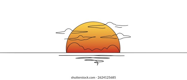One line drawing of sunset. Sketch of sunset line on sea. Vector illustration.