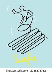 One line drawing of surfer.
One continuous line drawing of surfer on waves.
