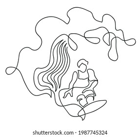 One line drawing of surfer on ocean wave.
One continuous line drawing of man surfing on surf board.