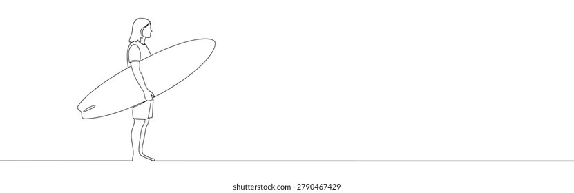 One line drawing of a surfer walking along the shore with a board for summer vacation
