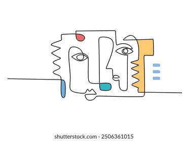 One line drawing of a surreal primordial face against a white background. Abstract face in continuous line art style, single line vector design.