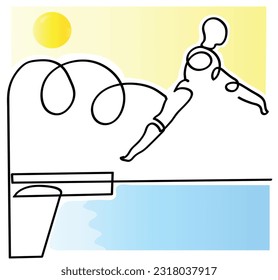 Dibujo de una línea de nadador en la plataforma de submarinismo.
Una línea continua de atleta profesional saltando al mar.