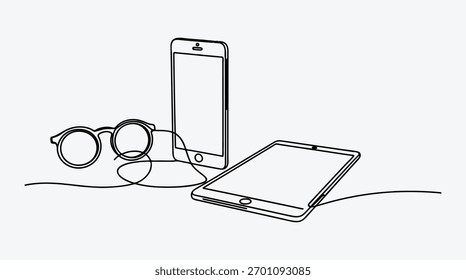 One line drawing of tablet phone and glasses minimal artwork design