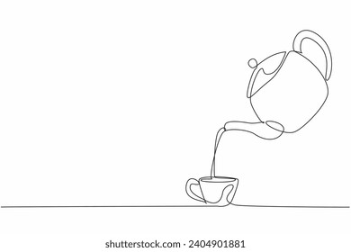 One line drawing of tea water poured from porcelain teapot into ceramic cup glass. Celebrating National Hot Tea Day event.  Idea for poster and banner