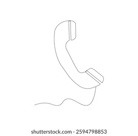 One line drawing of telephone receiver isolated vector object. Vintage retro telephone communication concept. White background. Black thin outline of old telephone with lines.