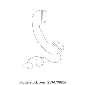One line drawing of telephone receiver isolated vector object. Vintage retro telephone communication concept. White background. Black thin outline of old telephone with lines.