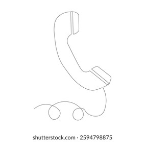 One line drawing of telephone receiver isolated vector object. Vintage retro telephone communication concept. White background. Black thin outline of old telephone with lines.