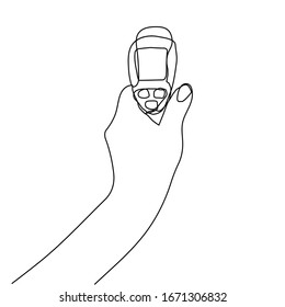 termómetro de dibujo de una línea. La mano sostiene un termómetro. Para medir la temperatura. Ilustración conceptual en una línea de estilo mínimo para el diseño médico. Ilustración dibujada a mano por vectores.