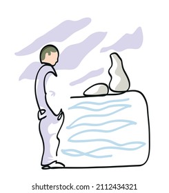 One line drawing of thinking alone man.
One continuous line drawing of standing sad man.
