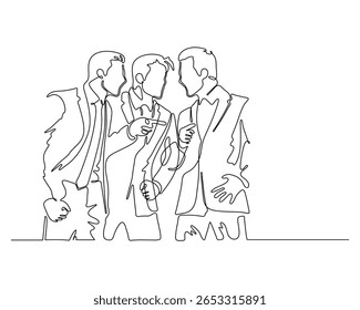 Um desenho de uma linha de três empresários conversando e interagindo com expressões sérias. Simples arte em linha contínua para trabalho em equipe ou debate.