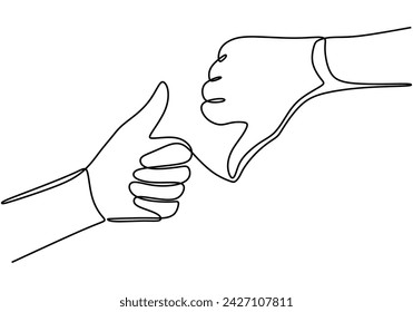 One line drawing of  thumbs up thumbs down. Continuous outline symbol. Vector illustration like and dislike concept.