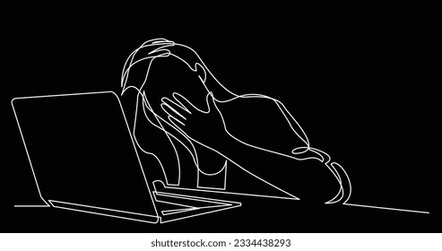 one line drawing of tired bored woman with laptop working from home