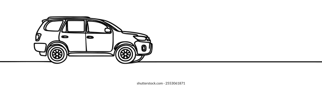 Un dibujo de línea de coche todoterreno grande resistente. Concepto de transporte de vehículos cómodo y seguro para la familia. Diseño de dibujo de línea continua única