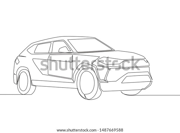 One line drawing of tough big suv car. Family\
comfortable and safe vehicle transportation concept. Single\
continuous line draw\
design