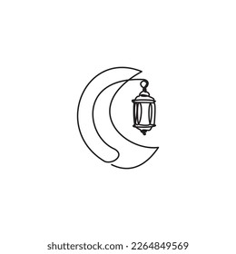 One line drawing of traditional lantern and crescent moon editable logo. Vector illustration of lantern and crescent moon for icon, symbol, logo ramadan, eid, hajj, umrah. Ramadan iconic. Eid Line. 
