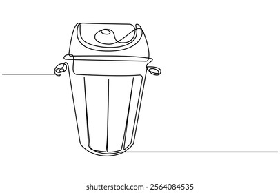 one line drawing trash bin clean environment vector, One continuous line drawing of garbage container. Plastic recycle waste dustbin in simple linear style