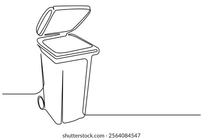 one line drawing trash bin clean environment vector, One continuous line drawing of garbage container. Plastic recycle waste dustbin in simple linear style