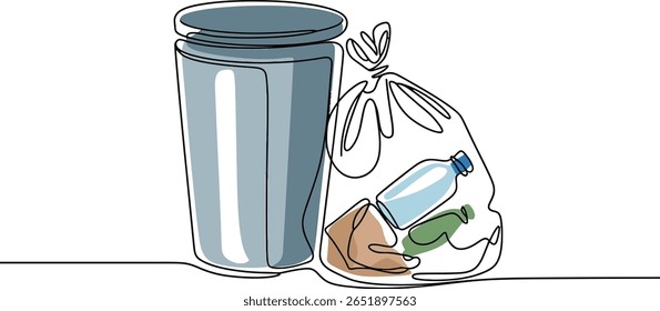 Desenho de uma linha de uma lixeira e saco de lixo transparente com recicláveis