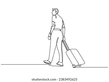 One line drawing travel man. Person with suitcase walking. Vector illustration isolated. Minimalist design handdrawn.