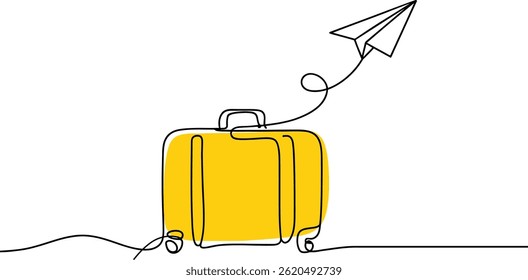 One Line Drawing Travel Suitcase and Paper Airplane, A single-line drawing of a yellow suitcase rolling towards a paper airplane, symbolizing travel and adventure.  Simple, minimalist design.