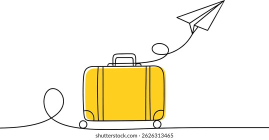 One Line Drawing Travel Suitcase and Paper Airplane, A single-line drawing of a yellow suitcase rolling towards a paper airplane, symbolizing travel and adventure.  Simple, minimalist design.