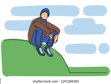 one line drawing of traveler sitting on hill