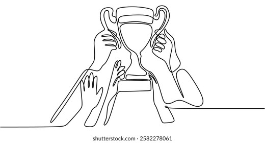 One line drawing of trophy held by many hands. Representing collective success and victory. Vector illustration hand drawn.