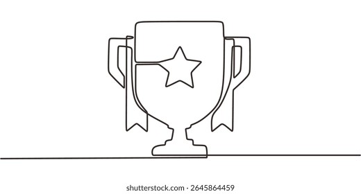Dibujo de una línea de un trofeo con una estrella que simboliza el éxito y la victoria, ideal para el logotipo de un ganador o certificado de premio.