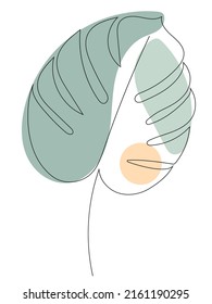 One line drawing of tropical leaves monstera. Modern, boho single line art. Vector illustration. Green and yellow shapes of different shapes of blots