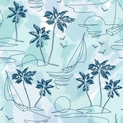 One Line Drawing Tropical Oasis Island Seamless Pattern. Abstract Landscape Background With Mountains, Sea, Coconut Palm Tree, Yacht, Birds Continuous Art. Vector Illustration For Minimal Print Fabric