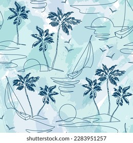 One line drawing tropical oasis island seamless pattern  Abstract landscape background and mountains  sea  coconut palm tree  yacht  birds continuous art  Vector illustration for minimal print fabric