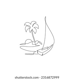 One line drawing tropical oasis island concept. Abstract landscape continuous art with mountains, sea, coconut palm tree, yacht. Vector illustration for minimal poster, template, home decor print