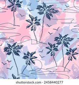 One line drawing tropical oasis island seamless pattern. Abstract landscape background with mountains, sea, coconut palm tree, birds continuous art. Vector illustration for minimal print fabric