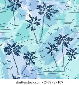 One line drawing tropical oasis island seamless pattern. Abstract landscape background with mountains, sea, coconut palm tree, birds continuous art. Vector illustration for minimal print fabric