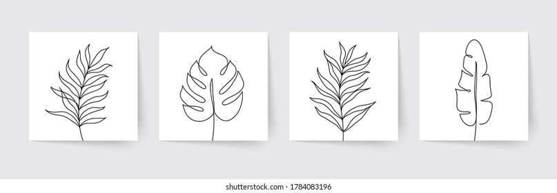 One Line Drawing Of Tropical Palm Leaves. Modern Single Line Art. Vector Illustration.