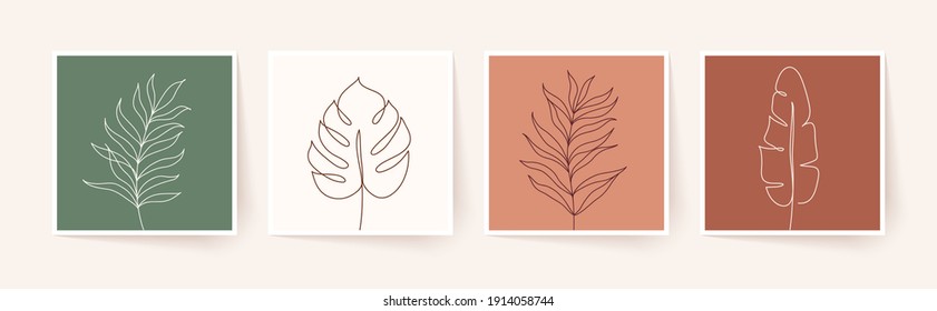 One line drawing of tropical palm leaves. Modern single line art. Vector illustration.