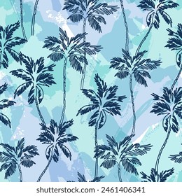 One line drawing tropical palm trees seamless pattern. Abstract geometric shapes background with coconut palm tree continuous art on brush stroke texture. Vector illustration for minimal print fabric