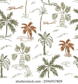 One line drawing tropical palm trees seamless pattern. Brown and green ink drawing jungle plants, sketch. Hand drawn summer vacation background, brush stroke texture, textile design, wallpaper. Vector